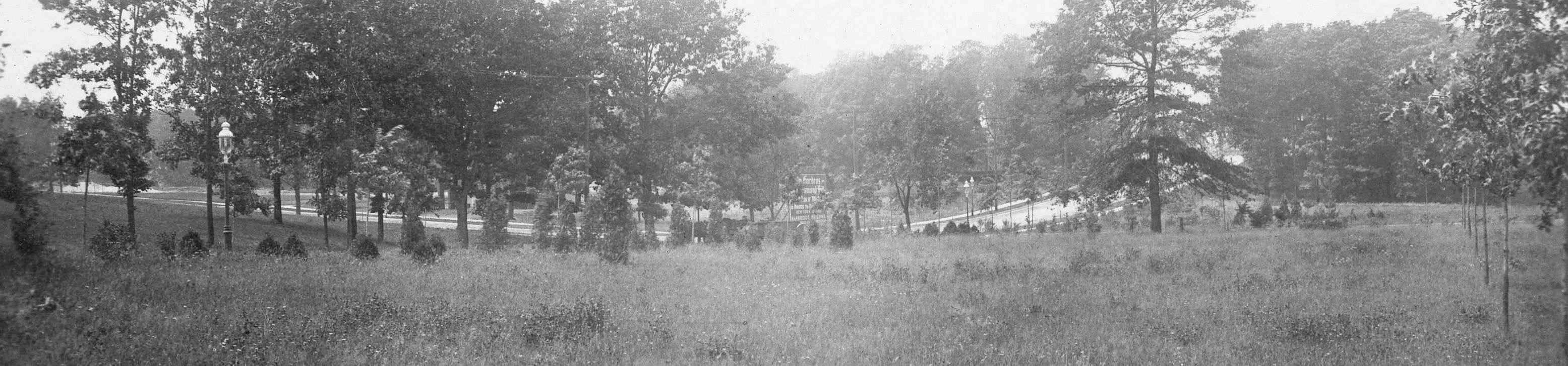 Using today's landmarks, the photographer is standing in the vicinity of Grenfell and Audley Streets looking in the direction of Forest Hills.  The road that curves across the picture was called Hillside Avenue, but it is not the one we know today.  This Hillside Avenue ran from 118th Street up to Union Turnpike.  Barely visible on the extreme left side of the picture (to the left of the street light, beyond Hillside Avenue) is a kettle pond which used to exist near Beverly Road and Park Lane.