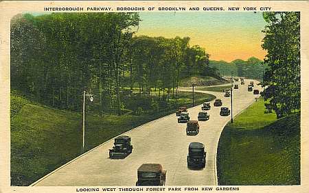The Interborough Parkway (renamed the Jackie Robinson Parkway) looking west through Forest Park from Kew Gardens, NY.