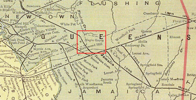 From an 1898 map of Long Island showing Maple Grove - today's Kew Gardens, NY.