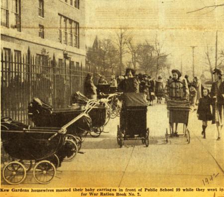 Kew Gardens housewives park their baby carriages outside P.S. 99 in Kew Gardens, NY in 1942.