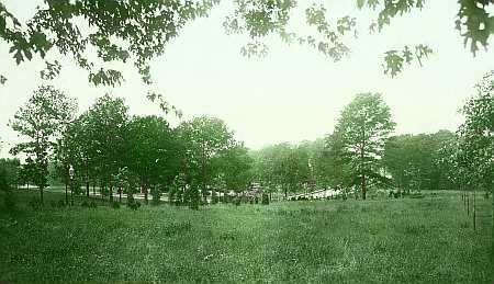 This pastoral scene is a colorized version of a circa 1907 sepia print.  It shows an area north of today's Metropolitan Avenue and west of Lefferts Boulevard near Grenfell Street.  The road in the distance is probably the old Hillside Avenue (not the one we know today) which roughly tracked today's Park Lane South and Onslow Place..