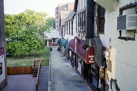 The back of the 2 story Tudor Building as seen from Lefferts Boulevard.