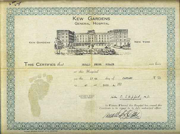 Birth certificate issued by the Kew Gardens General Hospital in Kew Gardens, NY.